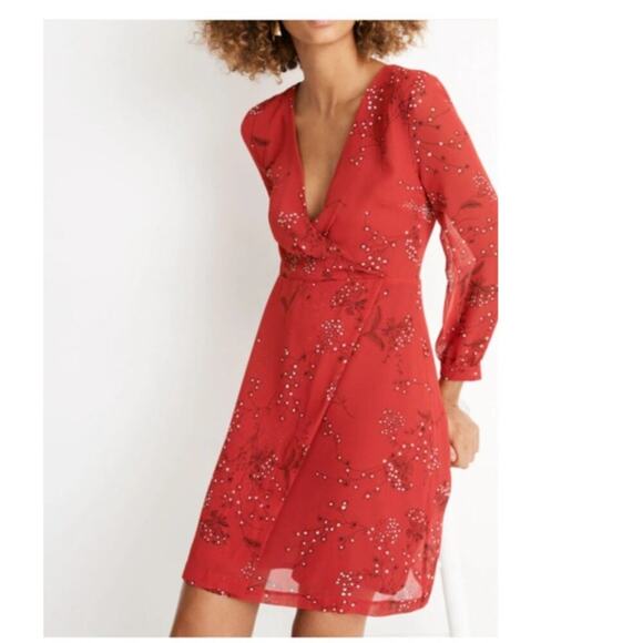 Madewell Hazelwood Wrap Front Dress Mini Long Sleeve Windswept Floral Red Size 8 - Picture 1 of 9
